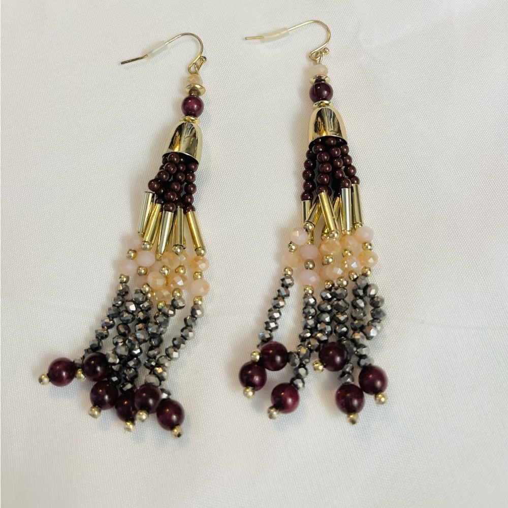 Elegant Gold, Burgundy, Brown Beaded long Necklace and Earring Set